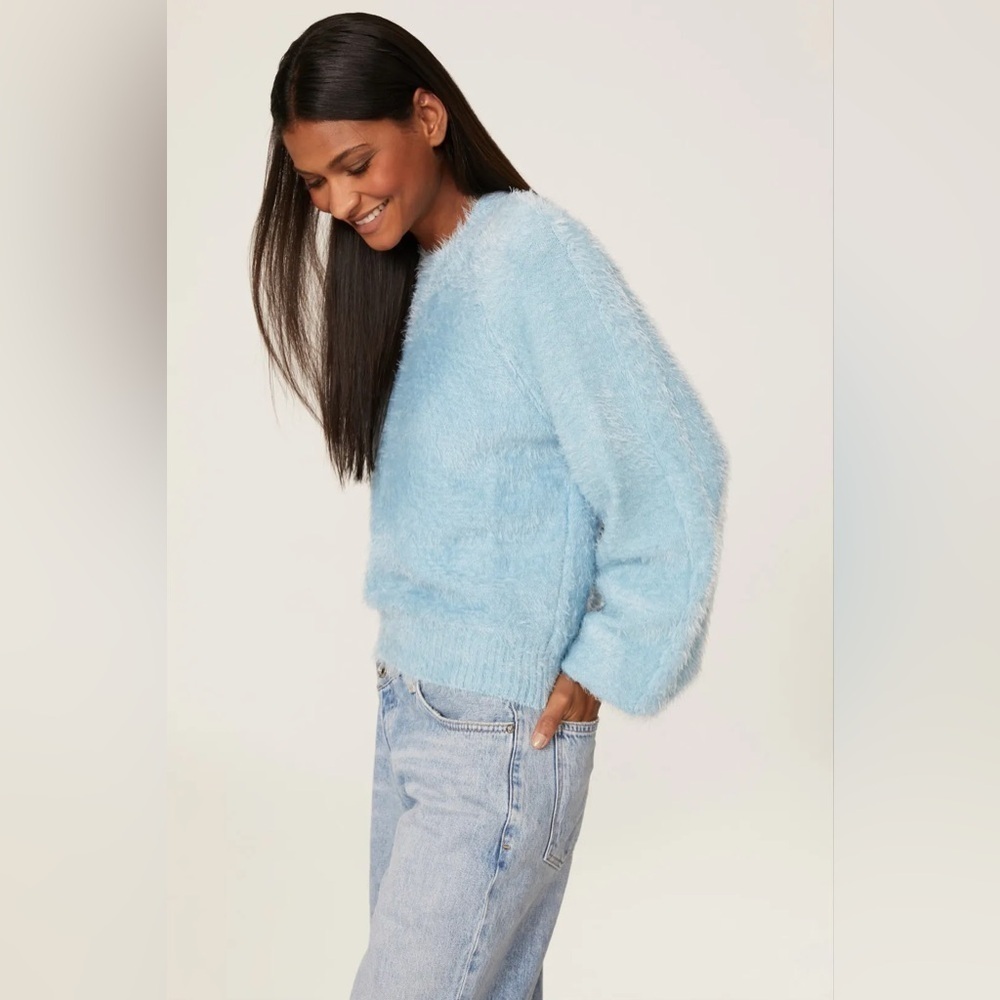 Show Me Your MUMU Women XS Vienna Sweater Frosty Blue Knit Shaggy Furry Winter